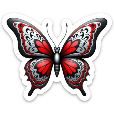 Badass emo gothic punky butterfly black and silver with intricate red and white patterns  sticker