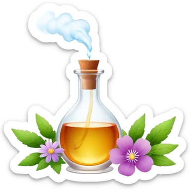 Perfume making icon, delicate glass bottle being filled with colorful essential oils from droppers, swirling mist rising from the bottle, flowers and herbs nearby, minimalistic style, clean lines, transparent background. sticker