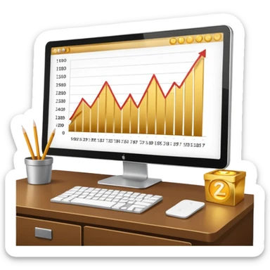 Mach mir einen schreibtisch mit einem bildschirm drauf wo mann einen Chart sieht von Gold sticker