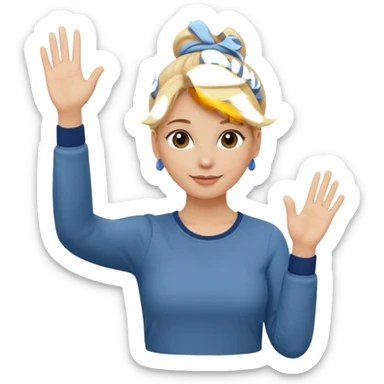 blonde woman with bun in casual clothes waving sticker