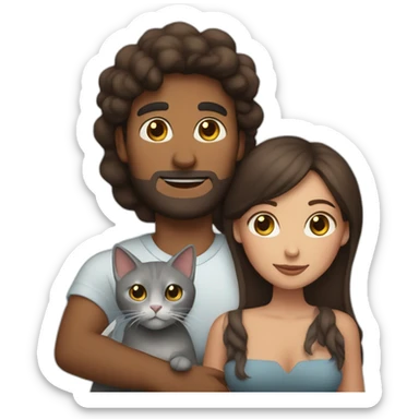 brown man and brunette woman with a big gray cat in their arms sticker