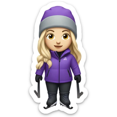 Chubby female long blonde hair skier with purpley-grey jacket and black pants showing full length sticker