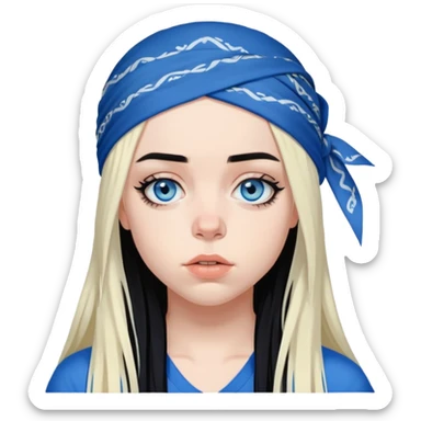 billie eilish blue eyes long black hair dark eyeliner makeup, wearing head bandana sticker