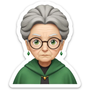 Stern elderly witch professor with glasses, tight bun, green robes, frowning with disapproval sticker