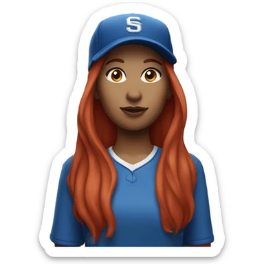 front facing standing up female coach with long red hair, wearing a white t-shirt and a simple baseball blue hat sticker