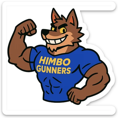 super buff wolf furry, flexing, wearing a t-shirt that says 'Himbo gunners', smiling confidently sticker