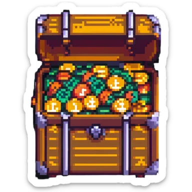 treasure chest overflowing with cryptocurrency coins, representing trading success, pixel art style sticker