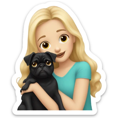Girl with wavy blonde hair kissing a black pug sticker