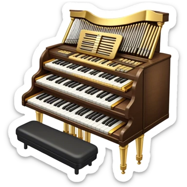 Create an elegant and majestic emoji representing a classical organ. The design should feature the grand pipes of the organ in the background, with visible details of the keys and pedalboard in the foreground. The pipes should be tall and impressive, with a mixture of gold, silver, and metallic shades to emphasize the grandeur of the instrument. The keyboard and pedals should be well-defined, capturing the intricate craftsmanship of the organ. Use dark wood tones and gold accents for the body of the instrument to give it a rich, historic feel. Add subtle musical notes around the organ to evoke its deep, resonant sound. The background should be transparent. sticker