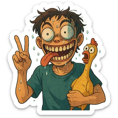 ghibli style bulging eyes, unhinged grin, too many teeth, one eyeball twitching, tongue out sideways, sweating, glitching, peace sign, holding cursed rubber chicken sticker