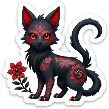 Asian-painted tattooed oriental Floral gothic edgy emo cool and ruby-jewelry-adorned Absol-Litten-Zorua-Houndour-fusion-Fakemon-animal-creature  sticker