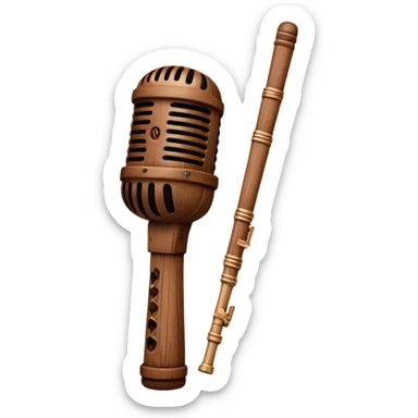 Create a traditional and warm emoji representing folk singing, using a humanless collage. The design should feature a rustic wooden microphone or an old-fashioned folk instrument like a balalaika, gusli, or a domra, placed alongside traditional elements such as a hand-woven scarf or a wooden flute. Include natural, earthy details like wildflowers, musical notes, and rustic textures, evoking the feeling of folk music in its purest form. Use warm, earthy colors like brown, gold, red, and green to create a cozy and organic vibe. The background should be transparent. sticker