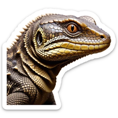 Cinematic Noble brown camo monitor Lizard Portrait Emoji, Poised and regal, with a robust, scaled body exhibiting striking, mottled patterns and piercing, alert eyes, Simplified yet sharp and sophisticated features, highly detailed, glowing with a soft, earthy glow, high shine, intelligent and formidable, stylized with an air of ancient wilderness, focused and commanding, soft glowing outline, capturing the essence of a watchful and confident reptilian guardian that appears ready to stride out of the screen with effortless authority! sticker