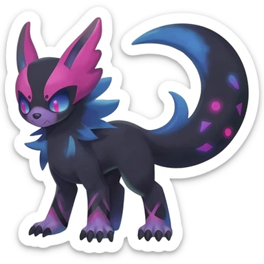 Rare realistic dark edgy badass epic pretty beautiful handsome gorgeous aesthetic colorful vibrant Vernid-Trico-species-Fakemon-creature by LiLaiRa, 4 legs, 1 tail, random markings, (full body) sticker