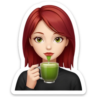 beautiful brunette with slightly cherry red tinted hair , with dark hazel eyes (let's call her kami), sipping matcha sticker