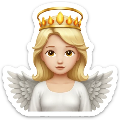Emoji-style angel: blonde hair, golden flame crown, halo, large detailed wings, white dress, visible feminine body shape, cute smooth emoji look. sticker
