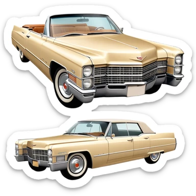 Beige 1966 Cadillac DeVille, 30-degree three-quarter view showing front and side, accurate vintage luxury car proportions, detailed front grille and headlights, from Once Upon a Hollywood movie, iOS emoji style sticker