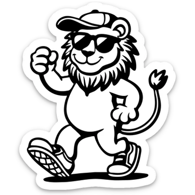 cheerful anthropomorphic lion walking confidently, flexing one arm in a fist-pump, wearing oversized sunglasses, backwards baseball cap, and sneakers, thick black outlines, no color or shading, retro mascot vintage rubber hose cartoon style, highly graphic sticker