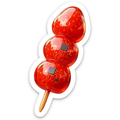 glossy red candied strawberry skewers (Tanghulu) with a crystal-clear sugar coating, reflecting light, held vertically, street food background blurred, high realism, sharp details, vibrant colors sticker