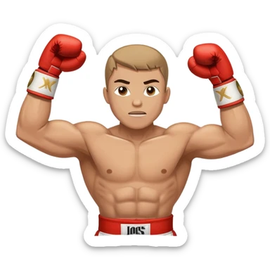 Boxing champion with arms raised in victory, wearing multiple championship belts around waist, determined expression, white hand wraps, muscular cartoon body sticker