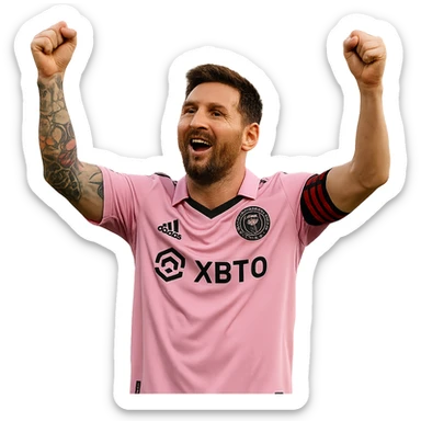 Lionel Messi in a Miami soccer kit, realistic style, celebrating a goal, arms raised, pink and black jersey, no background sticker