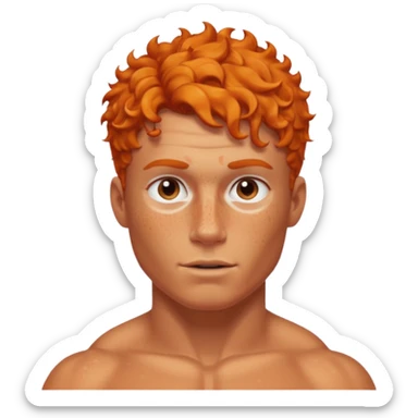 A shirtless muscular White man, with curly Orange short hair, táper Fade cut And FreCles on the face sticker