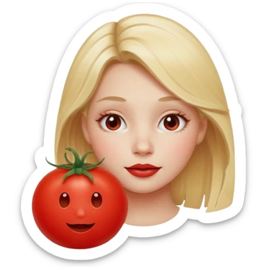 blonde girl, with a red face shaped as a tomato sticker