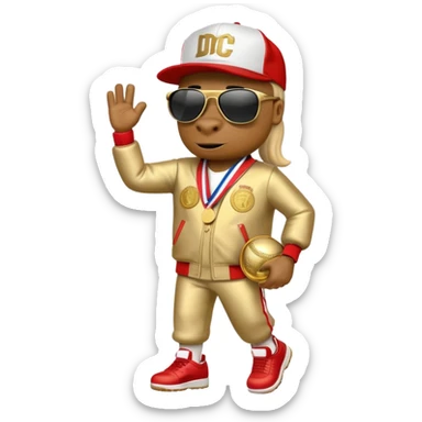 anthropomorphised horse dressed like a member of RUN DMC, hip-hop outfit, gold medal, baseball hat, sunglasses sticker