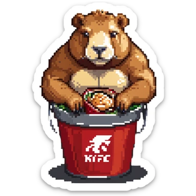 Buff capybara with huge muscles sitting in a KFC bucket sticker