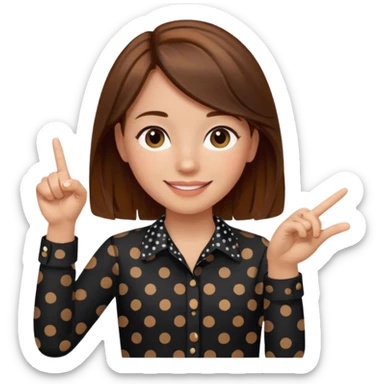 girl wearing a  black polka dots  shirt style, and poiting witgh her hand, her hair brown  sticker