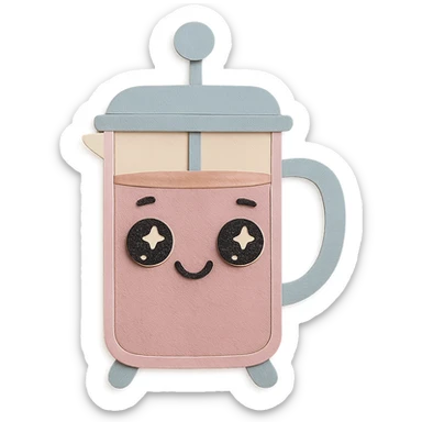 adorable French press with big sparkling eyes, soft pastel tones, full body, hand-drawn paper craft style sticker