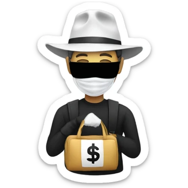 Guy in mask with black and white top and a black hat and a bag of money sticker