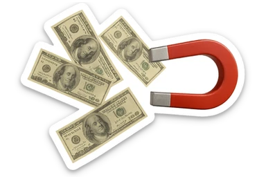 cinque banconote fluttuano in aria attratte da una calamita rossa, iperrealistica 4k, isolato su sfondo bianco sticker