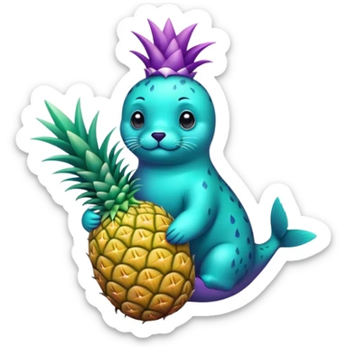 seal that is completely teal-colored holding a pineapple that is completely purple-colored sticker