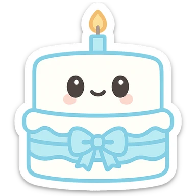 white birthday cake with light blue ribbons, cute and cheerful sticker