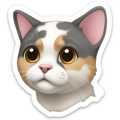 older diluted calico, white chin, black and pink nose, mostly dark grey with whiteish beige forehead, dark grey ears sticker