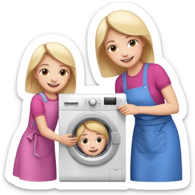 Mother and little daughter opening a washing machine door sticker