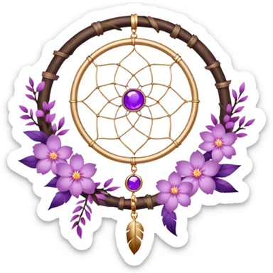 A white-circle-framed Dreamcatcher with purple-round-orb-stones, gold-ring-accents, purple tint flowers, pink sakura flowers, sticker