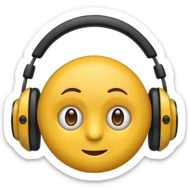 Ein gelber runder Emoji der die Augen geschlossen hat. Total im moment. Glücklich, leichtes lächeln. Verträumt. Leichtigkeit. Freiheit. Overearkopfkörer auf und im hintergrund kleine musiknoten sticker