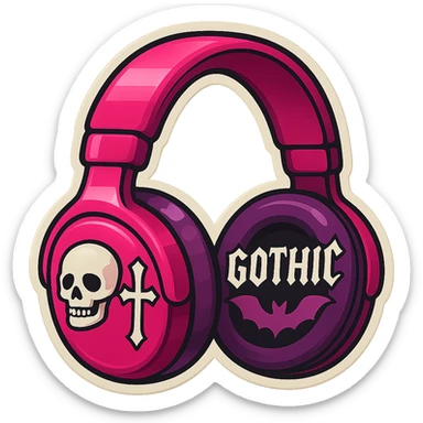 Remove the background, keep only the pink gothic headphones in retro stickers style, with vintage gothic graphics and sticker-like borders, no background. sticker