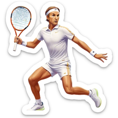 Cinematic Realistic portrait of Goran Ivanišević, depicted as an iconic tennis player in dynamic motion with detailed athletic gear and intense focus, illuminated by bold stadium lighting that accentuates his competitive spirit. sticker