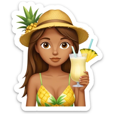 Very tan skinned girl with brown hair wearing a summer outfit sipping a piña colada sticker
