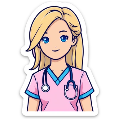 Blonde girl blue eyes long hair pink scrubs  sticker