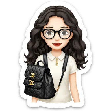 A white girl with black wavy long hair, wearing Wearing glasses and Carrying a Chanel on his back sticker