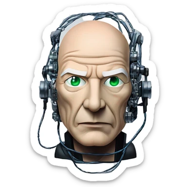 Jean luc picard from Star Trek assimilated by the Borg, with mechanical metal covering the left side of his face, with wires and a red light on the left side. His eyes are blue sticker