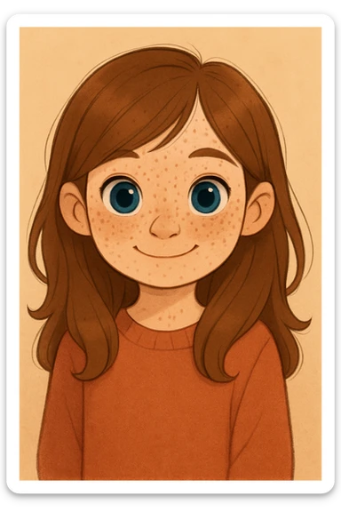 Add natural freckles to her cheeks, maintaining the soft, friendly cartoon style. sticker