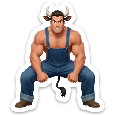 furious country handsome hairy muscular man with large breasts with bull horns and cow ears and cow tail dressed in denim overalls squats legs vide open sticker