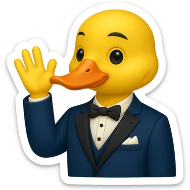 Create a gentlemanly yellow duck in a blue suit, waving, in the style of apple emojis, with no background. sticker