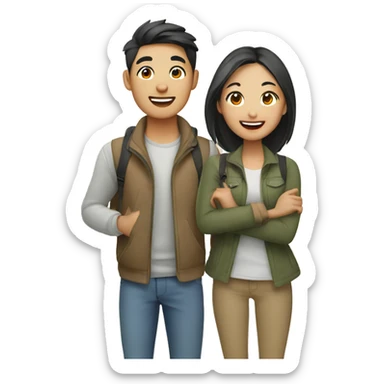 Cute young  Asian couple excitedly traveling  sticker