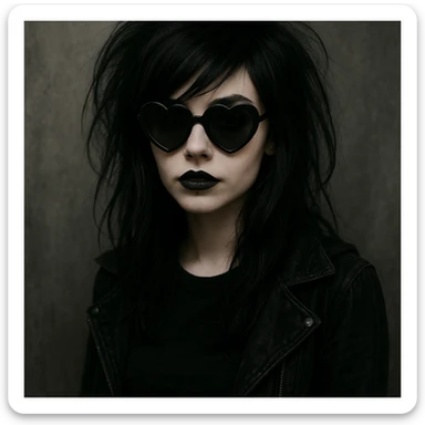 emo girl with heart-shaped sunglasses, dark hair, mysterious vibe sticker